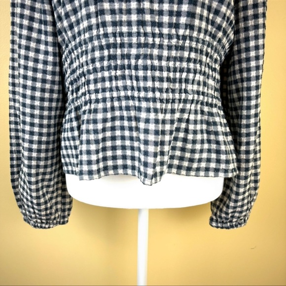 MADEWELL Navy /White Checkered Off The Shoulder Peasant Cropped Ruffle Top (L) - Picture 5 of 15